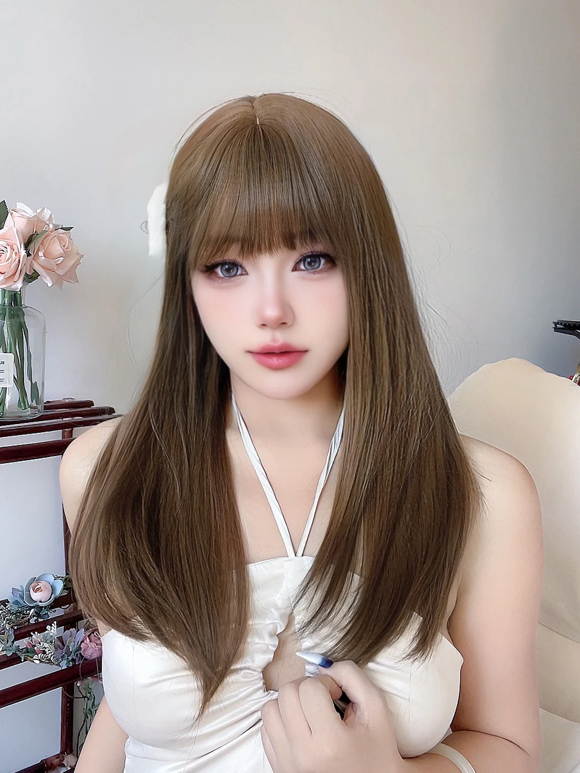 Wig sintetik gaya wanita Lolita warna cokelat 24 inci dengan Wig rambut panjang lurus untuk penggunaan sehari-hari wanita tahan panas