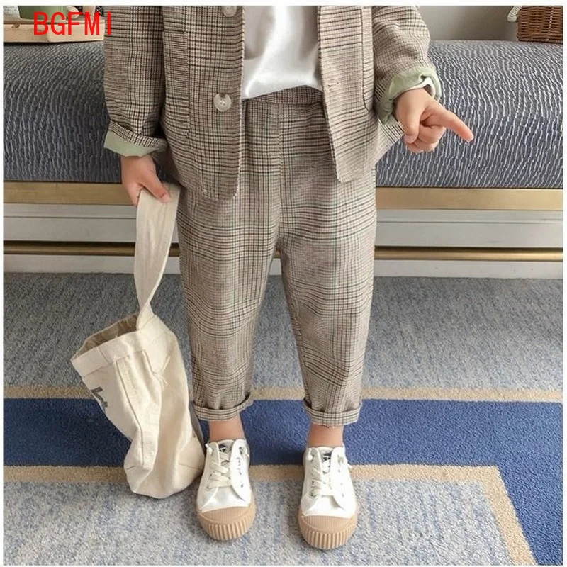 Spring Autumn children\'s clothing Suit Kids Clothes Boys V-Neck Tops + pants 2 piece set Plaid Formal wear 2-10Y Thin Outerwear