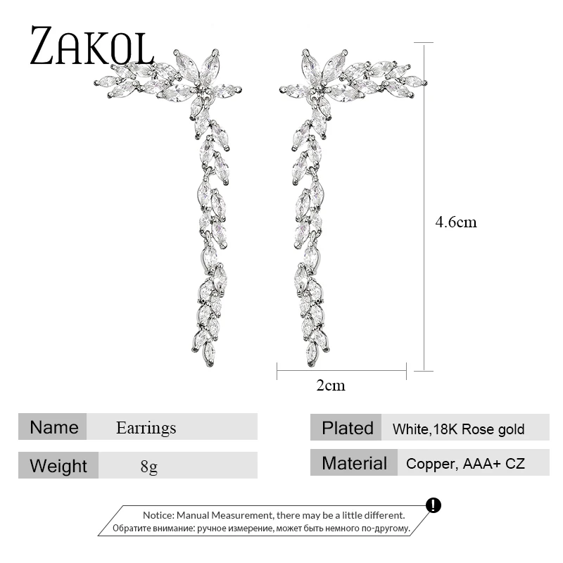 ZAKOL High Quality Luxury Bling Cubic Zirconia Leaf Long Dangle Earrings for Women Fashion Wedding Party Jewelry EP2943