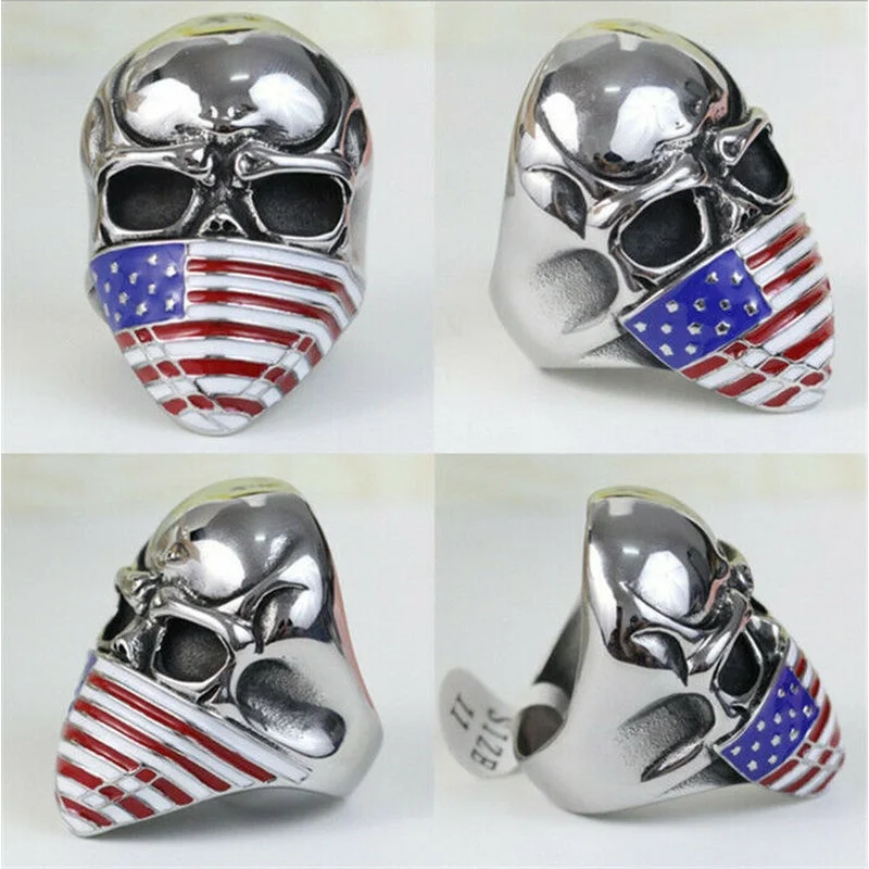 Men\'s Stainless Steel Vogue Design Usa Flag Pattern Skull Ring Size 8 9 10 11