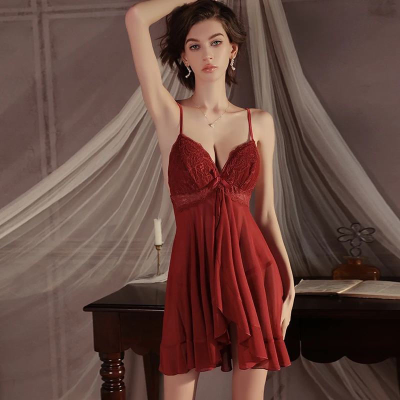 Set lingerie taglie forti da donna |   Camicia da notte a rete velata Deep V Temptation con coppe imbottite, design diviso e stile uniforme