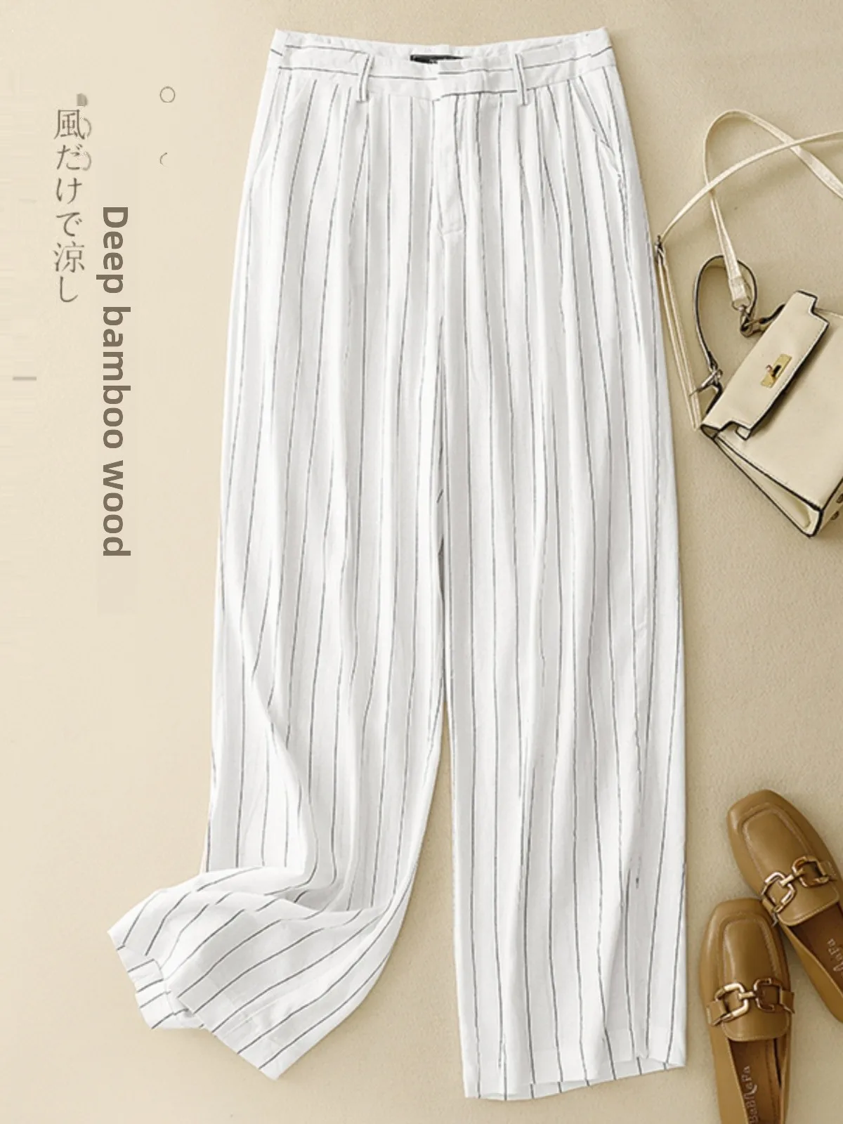 ارتفاع الخصر التخسيس الحرير الجليد القطن الكتان واسعة الساق السراويل العمودي المشارب عارضة الصيف السراويل للنساء تخفيف Sle