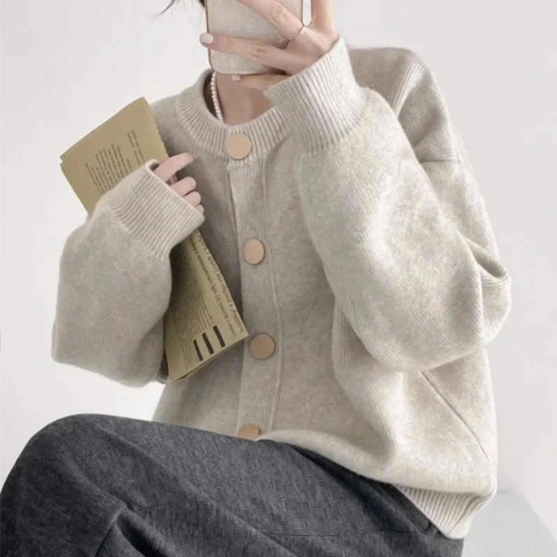 

2024 Winter New Arrival Button-Front Knit Cardigan with Pure Color and Loose Fit Round Neck Top for Women