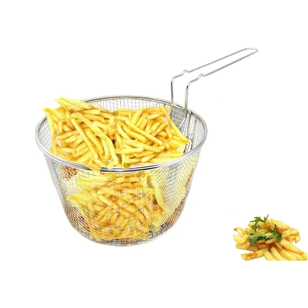 

9\ Medium Stainless Steel Deep Fry Basket Round Wire Mesh French Chip Frying Serving Food Presentation Tableware With Detacha