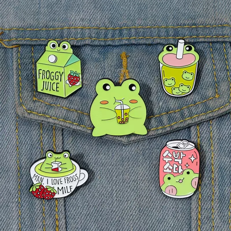 Frog Fruit Juice Enamel Pins Custom I Love Frogs Milf Strawberry Drinking Brooches Lapel Badges Backpack Jewelry Gifts Wholesale