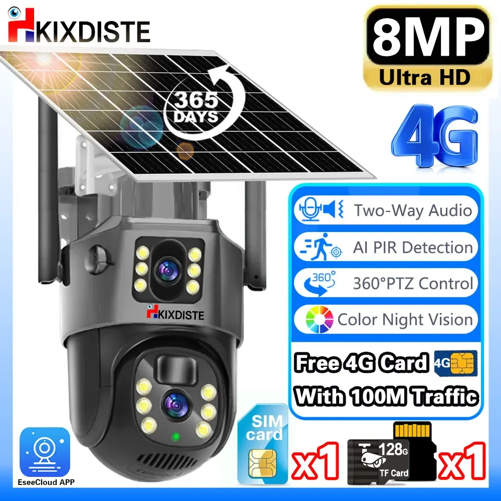 

Dual-Lens 4G SIM Crad Security 4K 8MP Solar PTZ IP Camera Support Battery Powered Auto Tracking PIR Detection Security Audio Cam