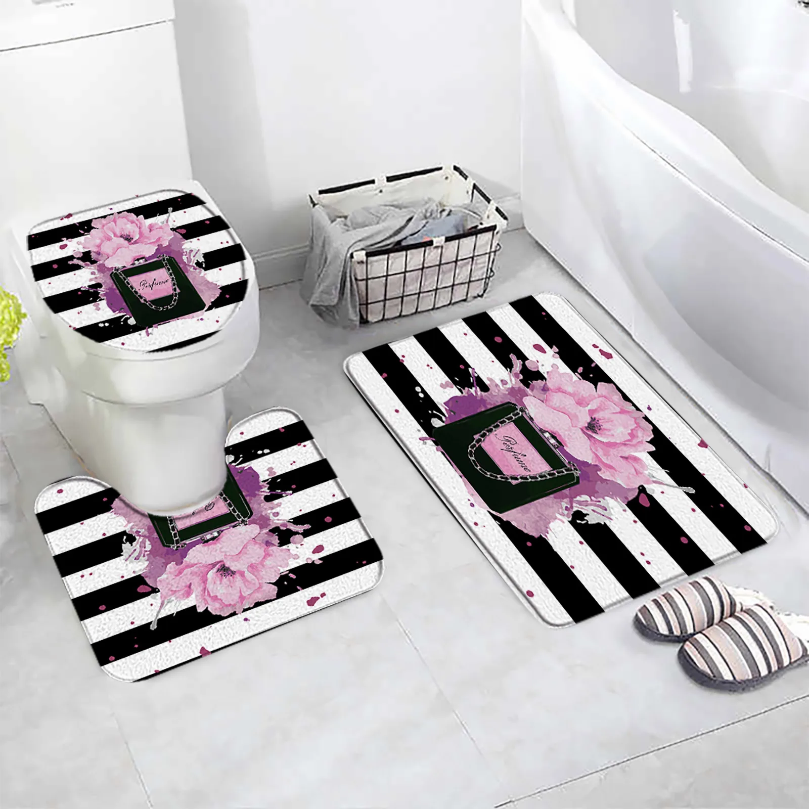 Pink Floral Perfumed Bath Mat Set Hello Gorgeous Black White Stripe Fashion Home Carpet Bathroom Decor Floor Rugs Toilet Cover