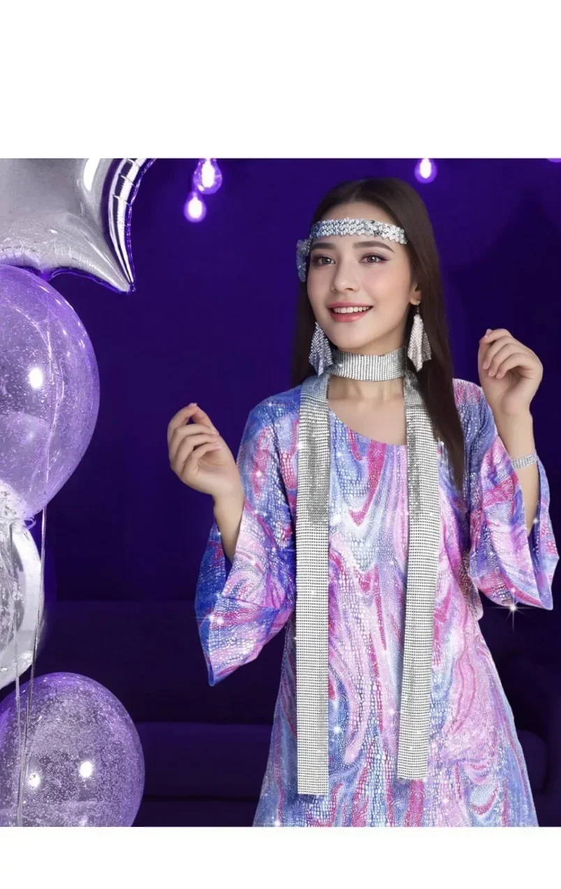 70s Disco Women Costume Outfit and Accessories Shiny Head with Sunglasses Earrings Necklace Bracelet for Stage Performance Party