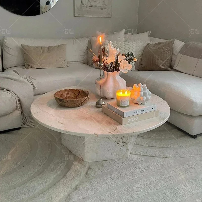 

Wabi Sansan natural marble coffee table advanced sense travertine small apartment French household cream light luxuryAA
