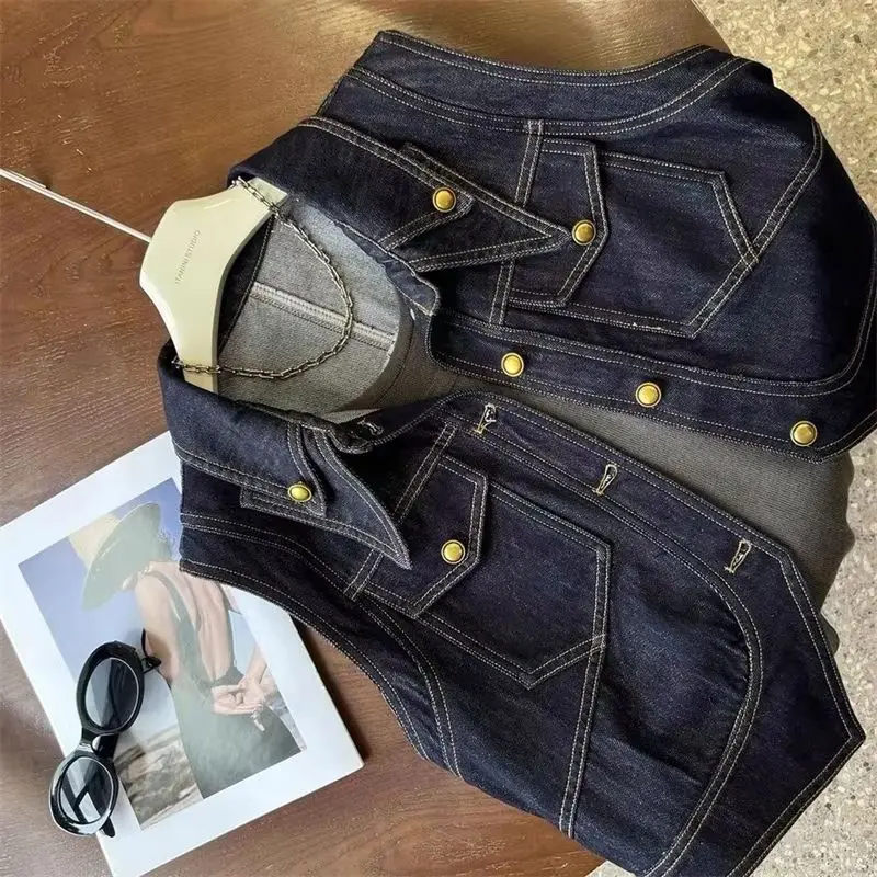 

Весенне-осенний женский джинсовый жилет с отложным воротником, корейское тонкое джинсовое пальто, однобортный короткий женский жилет, верхняя одежда