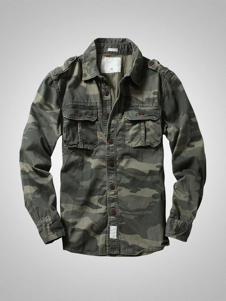 

American Heavy Retro Men's Long Sleeved Camouflage Shirt Outdoor Cargo Casual Multi Pocket Work Shirt Coat for Male