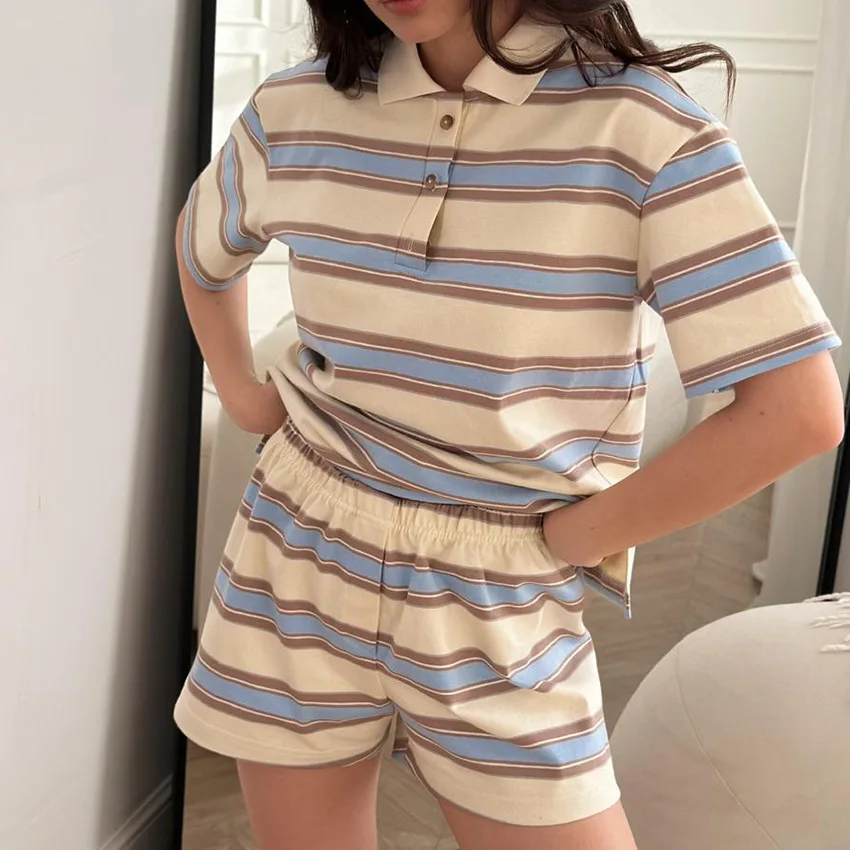 Summer New Style Striped Short-sleeved Loose Wide-leg Pants Two-piece Set with Design, Temperament, Casual Commuting