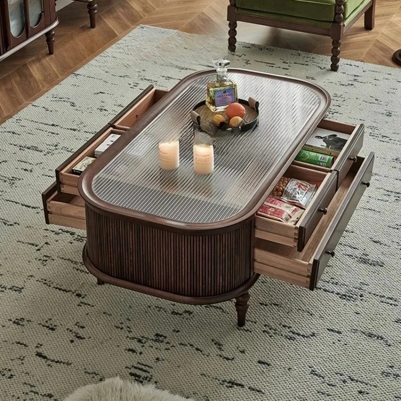 

B new rock slab retro storage coffee table solid wood oval tempered glass home living room