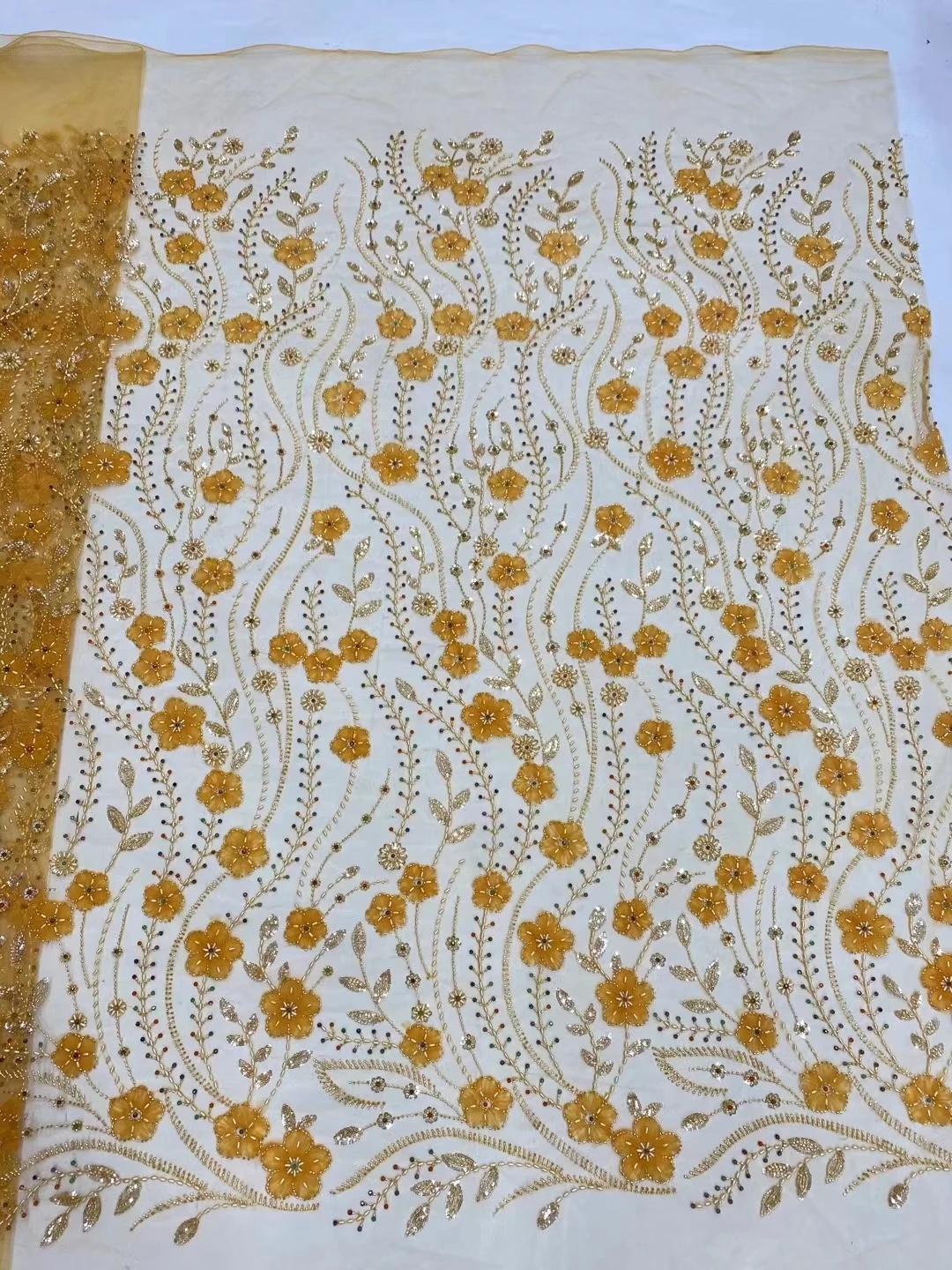 Luxurious Yellow Beaded African Sequins Lace Fabric 2024 High Quality Tube Beads French Lace Fabric For Party Dress Sew KDP24136