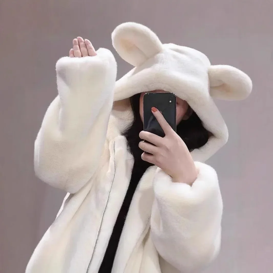 

Women's Loose Long Coat Cute Design China Origin Winter New Hat Hooded Thickened Plush Bear Ear Simulation Fur Jacket
