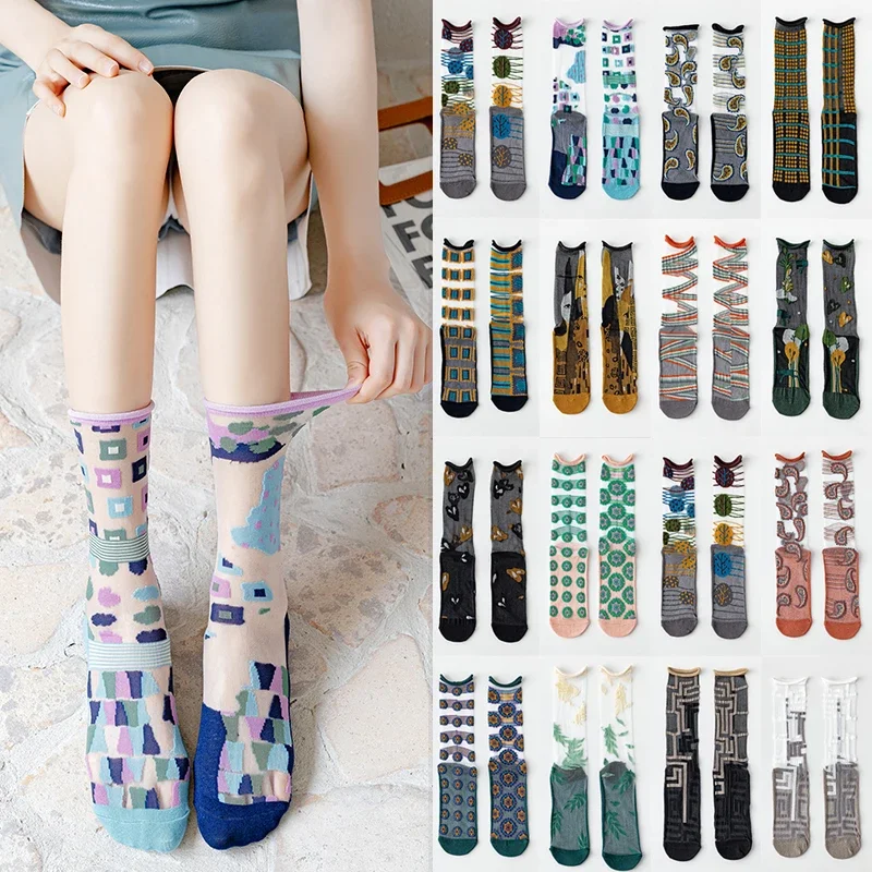 Summer Crystal Silk Socks Animals Cartoon Cute Print Ultra-thin Transparent Long Socks Fashion Woman Socks Novelty Harajuku