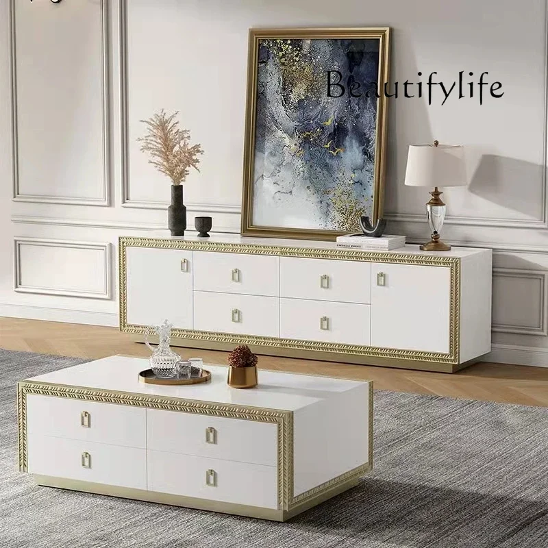

SS Modern Simple Solid Wood TV Cabinet Coffee Table Combination American Light Luxury Living Room Locker Audio-visual