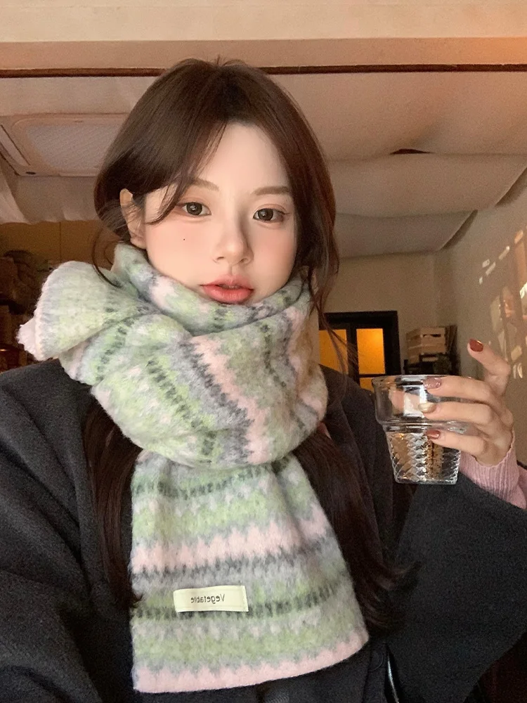 Feilao Island Knitted Scarf Women's Winter Vintage Warm Korean Style Atmosphere Stripe Pattern Cashmere Imitation Neck Warmer