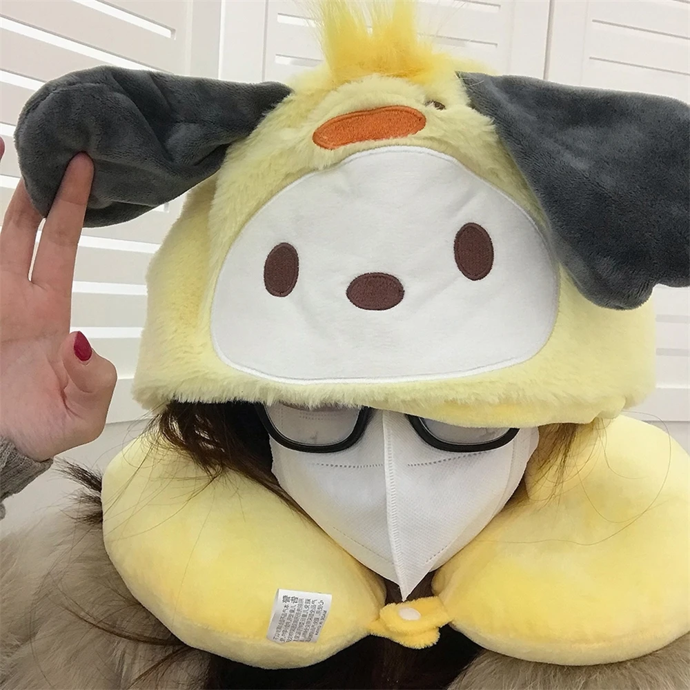 Lovely Sanrio U-shaped Neck Pillow With Hat Kuromi My Melody Pochacco Cinnamoroll Travel Pillow Hooded Japanese Style Gifts