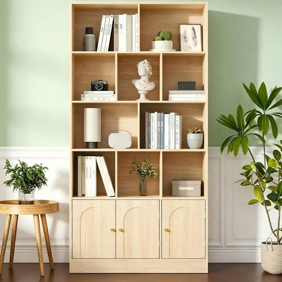 71' Tall Bookshelf With 10 Cubes And 3 Doors, 4‑Tier Open Shelf Bookcase With Cabinet, Modern Cube Storage Organizer For Living