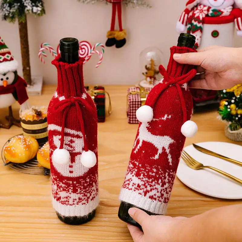 Wine Bottle Clothes Knitted Santa Claus Elk Christmas Wine Bottle Cover Decorative Elastic Wine Bottle Sweater For Home Hotel