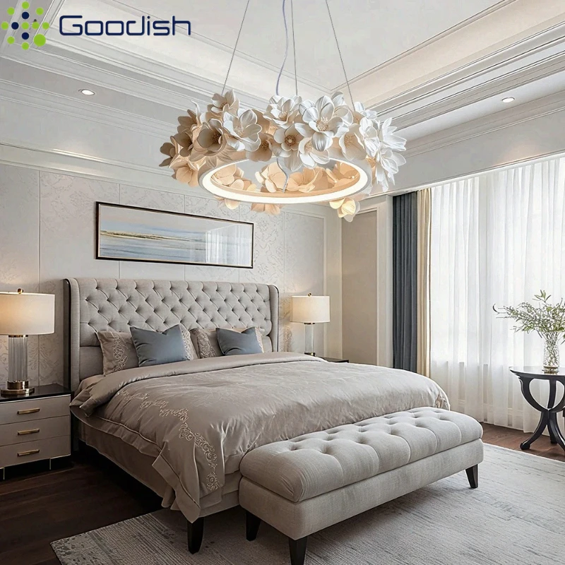 

French Luxury Floral Pendant Lights Round Resin Hanging Lamps Home Decor LED Chandeliers for Living Dining Room Bedchamber Hotel