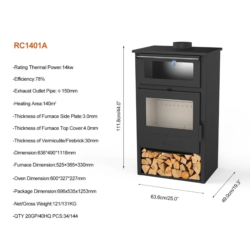 Kompor Kayu RC1401A 14KW Dengan Oven Dan Penyimpanan Kayu Bakar Kompor Kayu Bakar Dalam Ruangan Untuk Pemanasan Dan Memasak