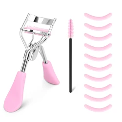 Pink stainless steel comb with 10PCS silicone pads and 1PC pink spiral comb for eyelash extension, portable eyelash curler