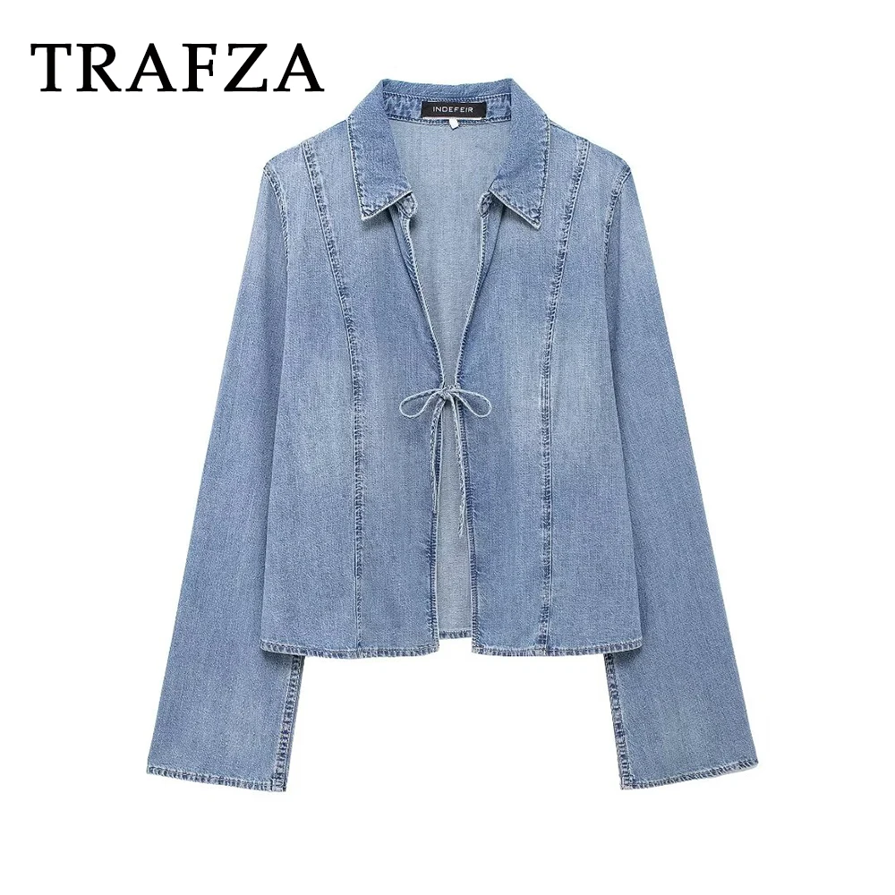 

TRAFZA 2024 Women Summer Casual Denim Solid Shirt BOW Loose Streetwear Lace-Up Turn-Down Collar Fashion Women Folds Shirts