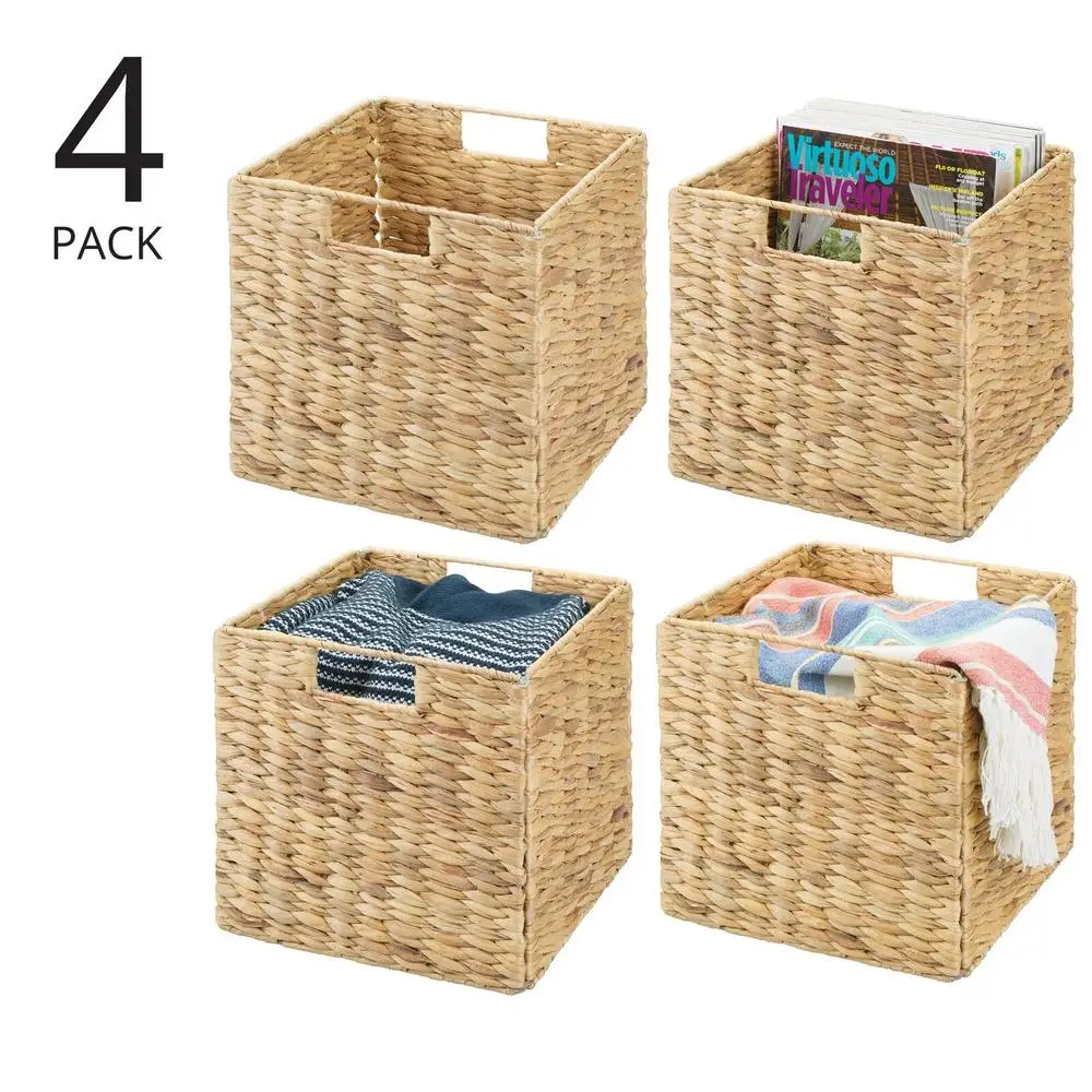 Woven Cube Storage Basket Organizer with Handles Bathroom Laundry Nursery Shelf Set of 4 Portable Functional Versatile Natural