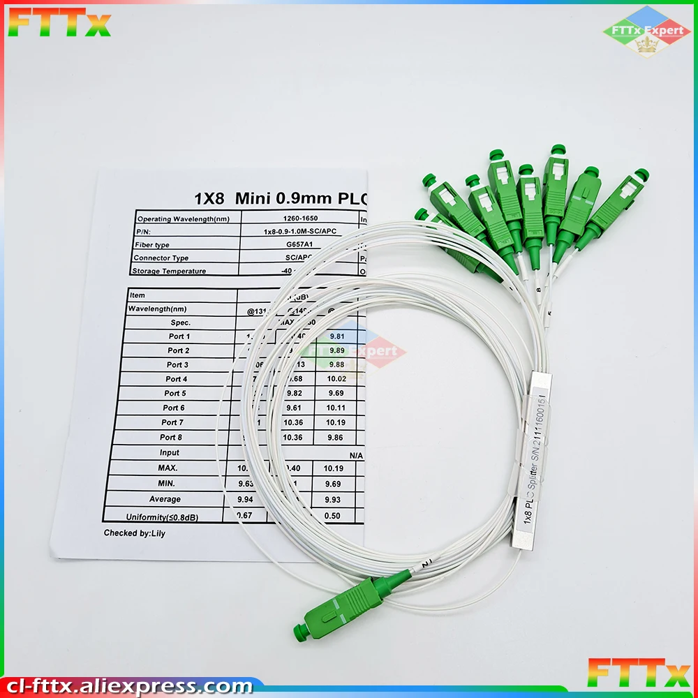 Divisor de fibra óptica, divisor de PVC, 1x2, 1x4, 1x8, 1x16, 1x32, PLC SC/APC SM, 0,9mm, G657A1, 1m, FTTH, 10 unidades por lote