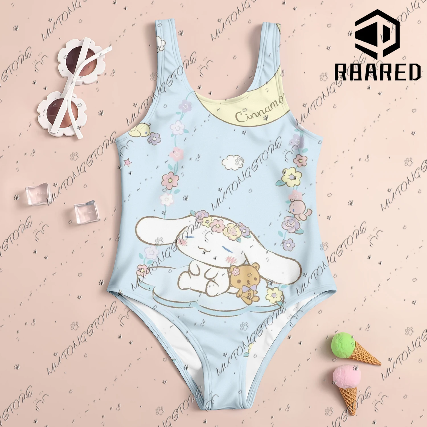 MINISO Cute Stitch Print New Girl Summer One-Piece Swimsuit Fashion Cartoon Women Kids Swimwear Sleeveless Swim Clothing