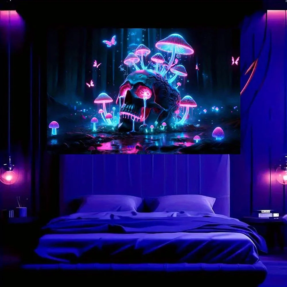 VIKAMA Cyberpunk-Totenkopf-Wandteppich, Pilz, dunkler Wald, Fantasie, psychedelischer Stil, Schlafzimmer, Wohnzimmer, Wanddekoration