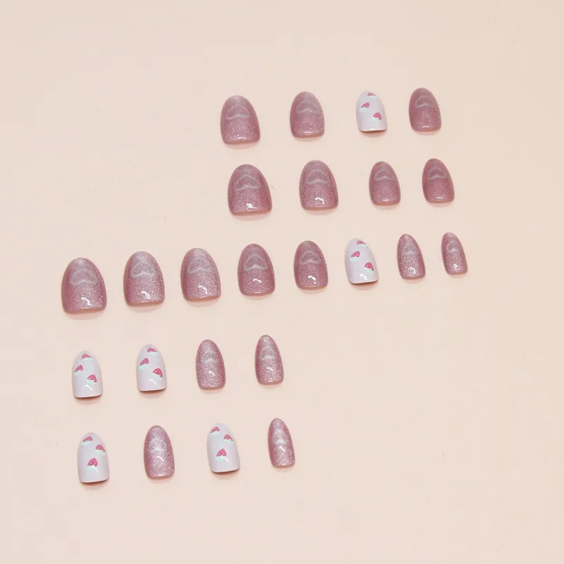 24 piezas de uñas de presión de almendra en rosa con ojo de gato y diseños de corazón y fresa, uñas acrílicas brillantes para mujeres y niñas 4