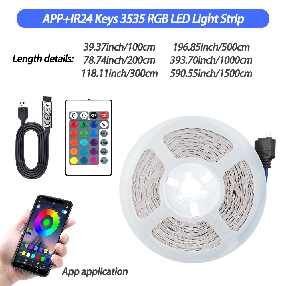 3535RGB Color Changing LED Strip with 24-Key Remote and App Control, USB Powered, for TV Backlighting, Easter Decoration