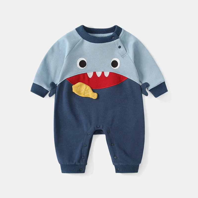 Baby Grey Blue Shark Cotton Rompers Kids Spring Costume Boy Girl Cartoon Print Onesies Kawaii Toddler Outfit