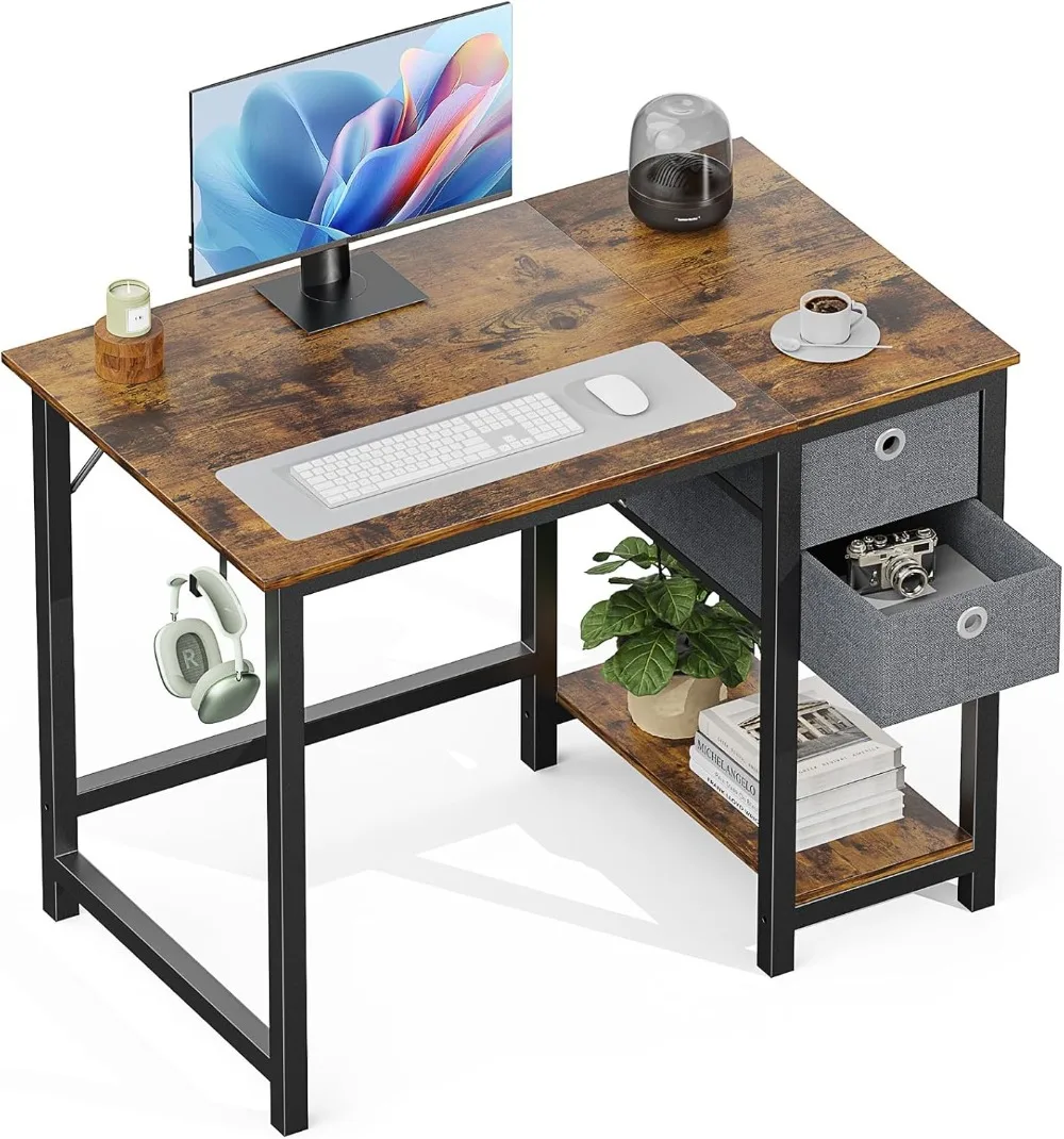 

Sweetcrispy Small Computer Desk with Drawers 40 Inch Office Writing Work Kids Study 2-Tier Wood Corner Table with Storage Shelf