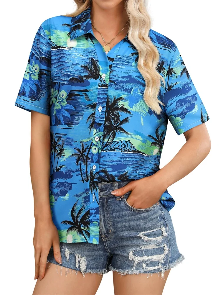 قمصان نسائية بأكمام قصيرة لعام 2025 مع مطبوعات بيولوجية تجريدية تحت الماء لقضاء عطلة صيفية عصرية وغير رسمية