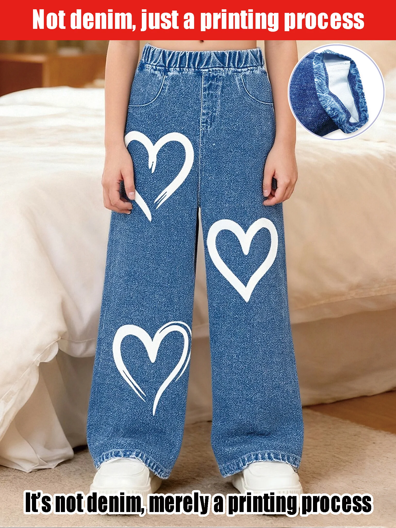 2025 Hot Sale Girls' Love Printing - Elastic Waist Wide Leg Pants - Casual Daily Versatile Imitation Jeans