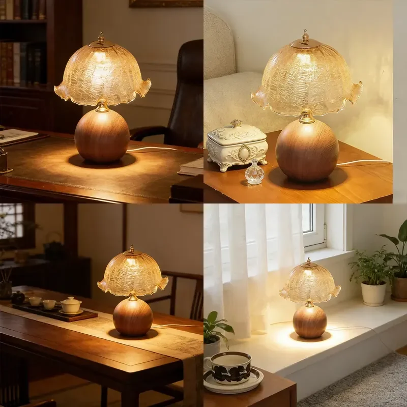 for  USB Rechargeable French Vintage Desk Lamp Cracked Glass Shade Wood Grain Ceramic Base 3 Color Adjustable Light