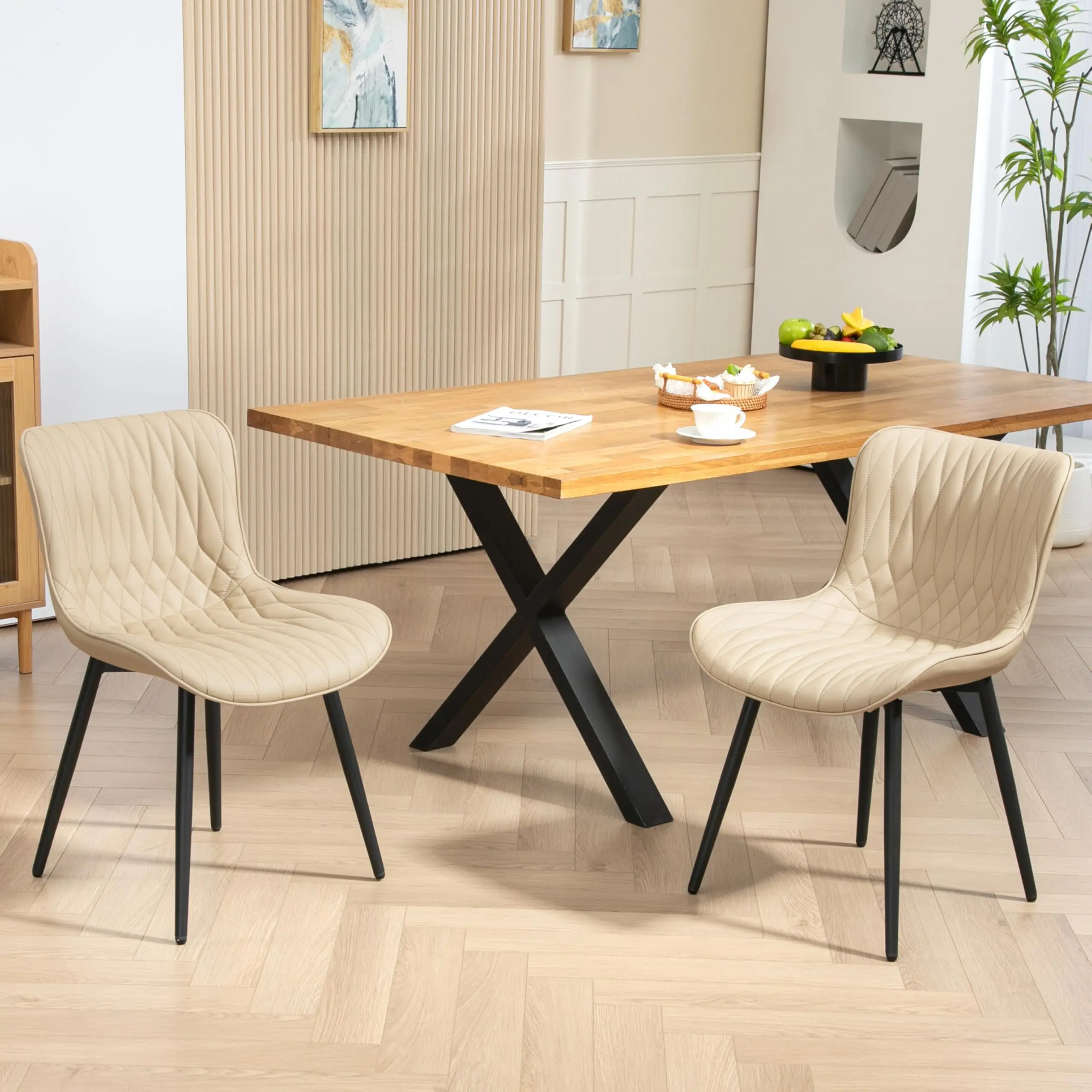 

2 Pack Mid-Century Modern Dining Chairs Faux Leather Armless Chairs With Metal Legs Khaki
