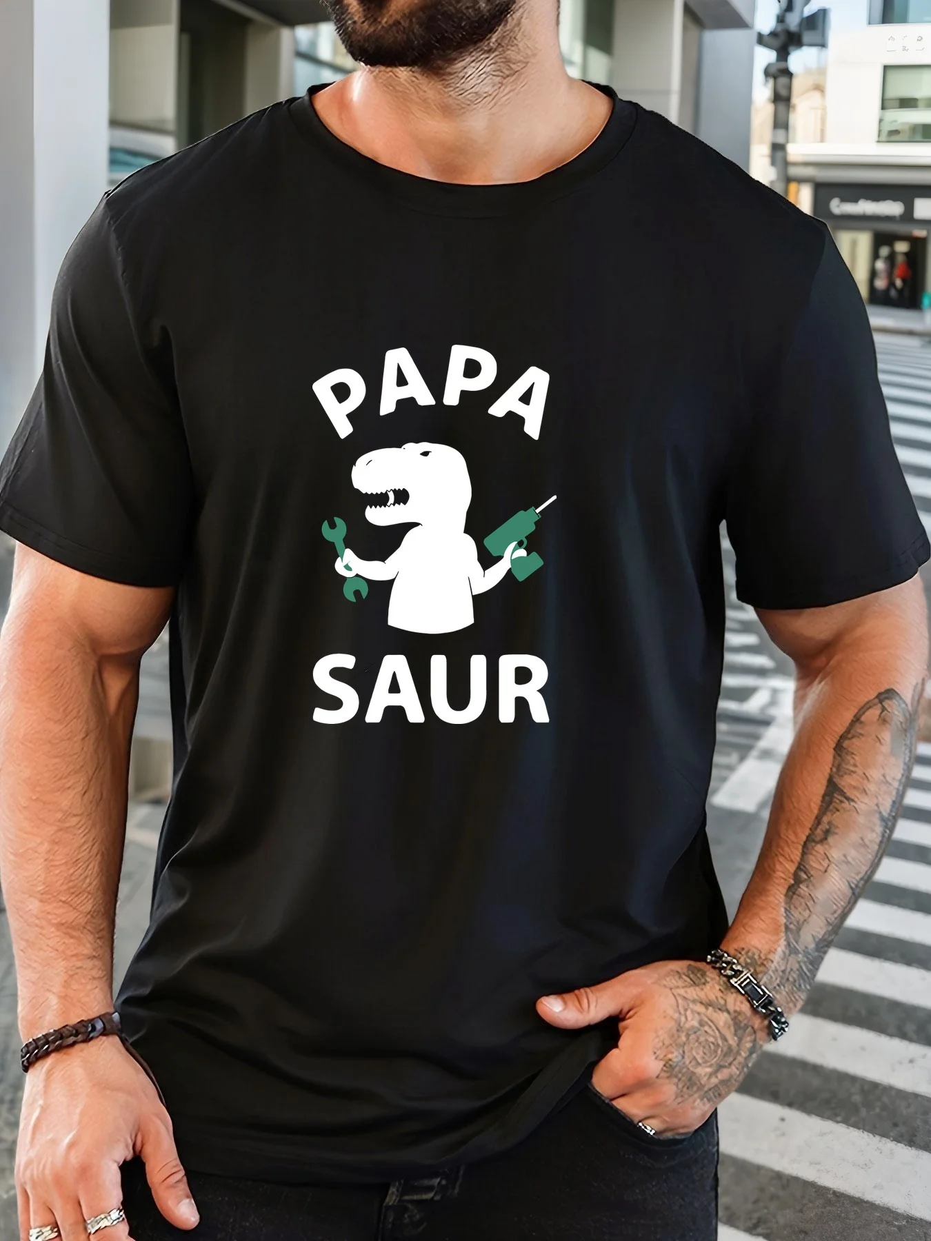 Mens Short Sleeve T Shirt Papa Saur Mechanic Dinosaur Print Crew Neck Summer Casual Loose Breathable Male Dad Daily Fashion Tops