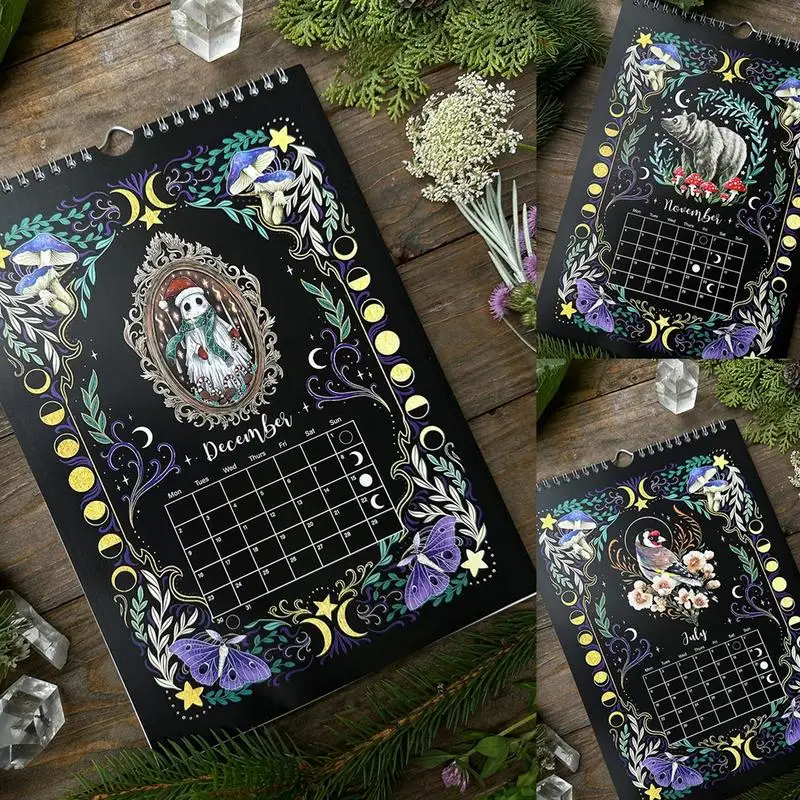 2024 Moon Phase Calendar 2024 Dark Forest Elf Series Wall Calendar Monthly Planner with Dark Moon Ornament Home Office