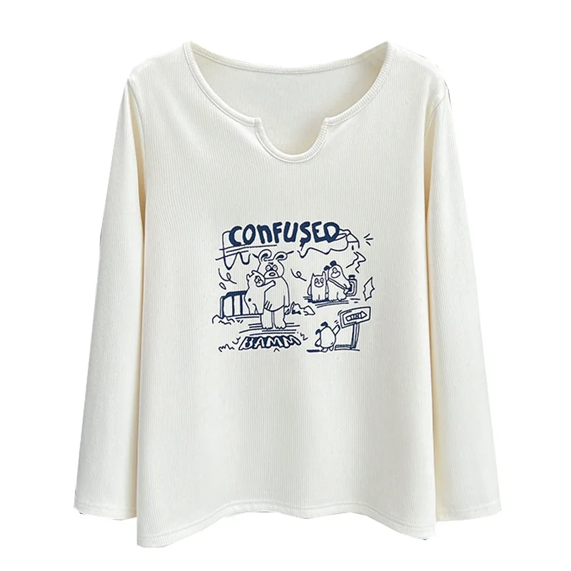 Camiseta feminina estampada escovada de manga comprida com gola em U, com fundo casual, pequena, plus size, 100kg, espessura, outono, 2023