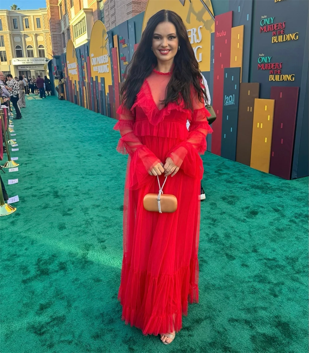 Customized Evening Dress Classic Red Chiffon O-Neck Long Sleeves Prom Gowns Elegant Straight Floor Length Ruched Party Dresses