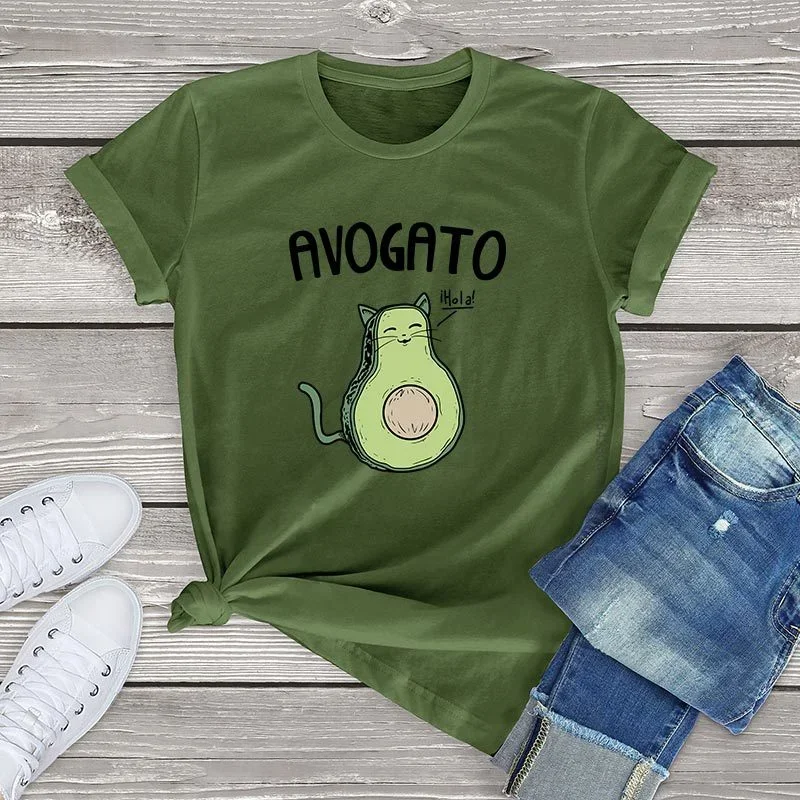 Pure Cotton Avogato Tshirts Women Harajuku Kawaii Avocado Cat T Shirt Funny Streetwear Manga Men Clothes Unisex Tee Tops Tshirt