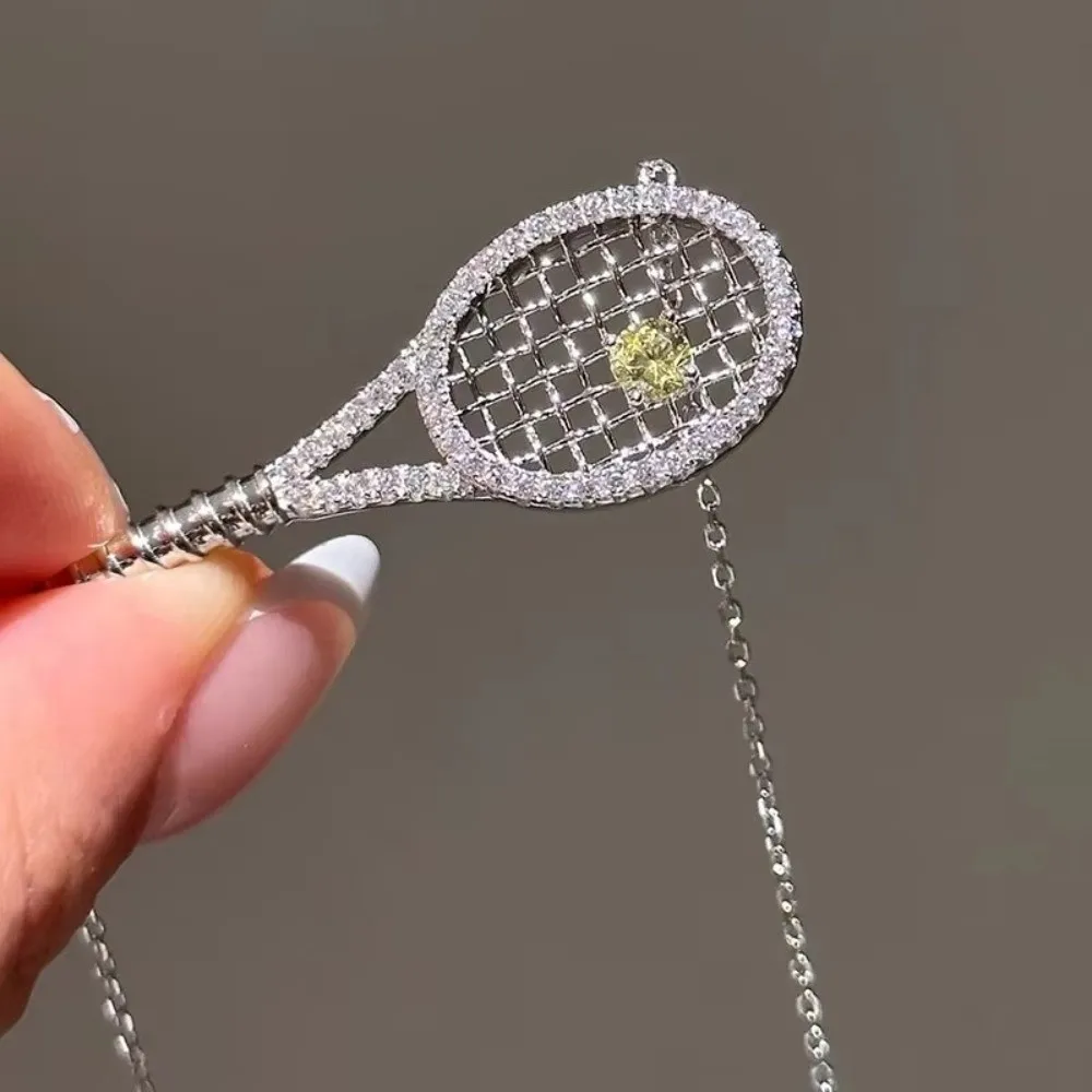 Silver Tennis Racket Pendant Necklace with Cubic Zirconia