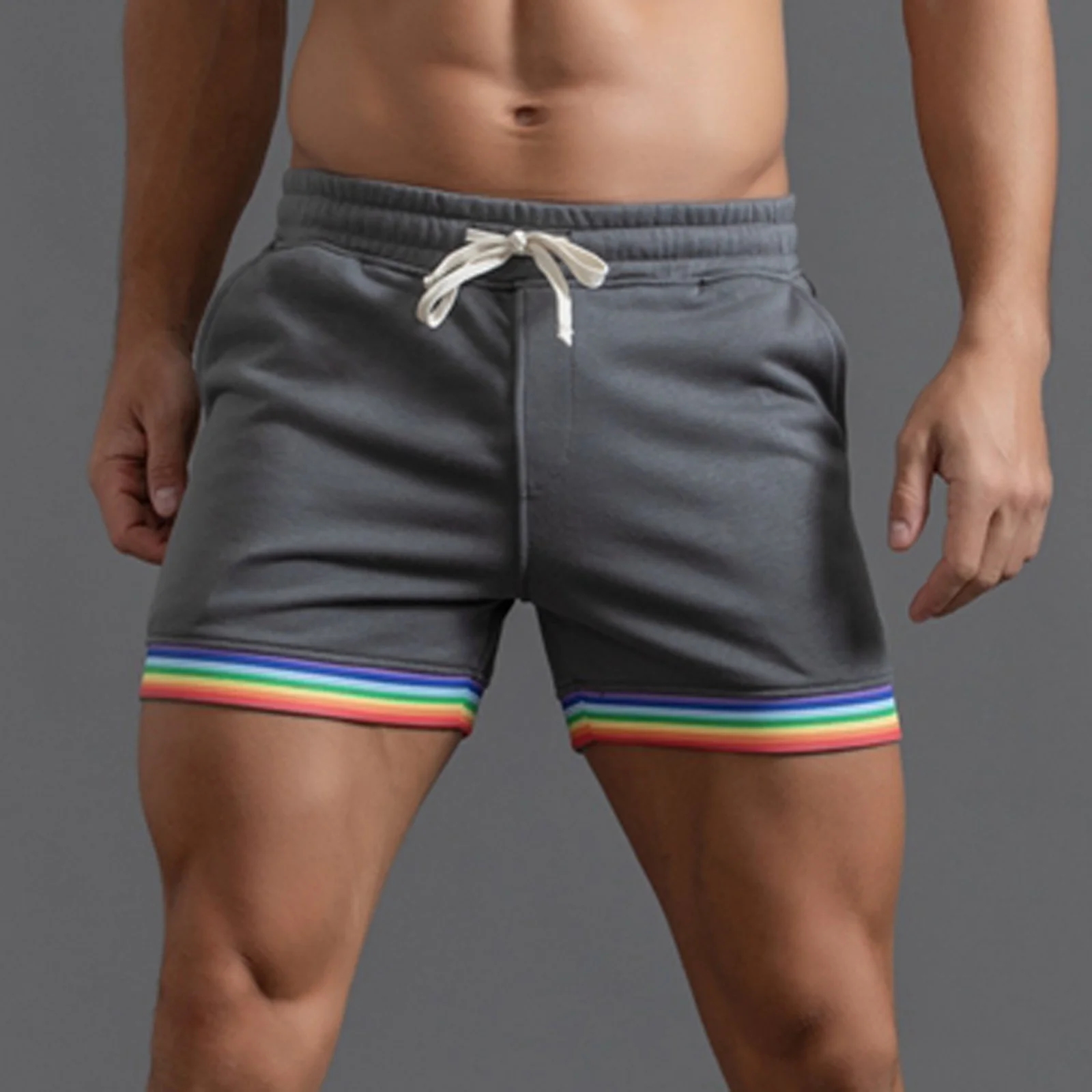 Men Causal Rainbow Striped Running Sports Gym Pocket Boxer Shorts Workout Jogging Fiess Trun Pants Homewear Slim Fit