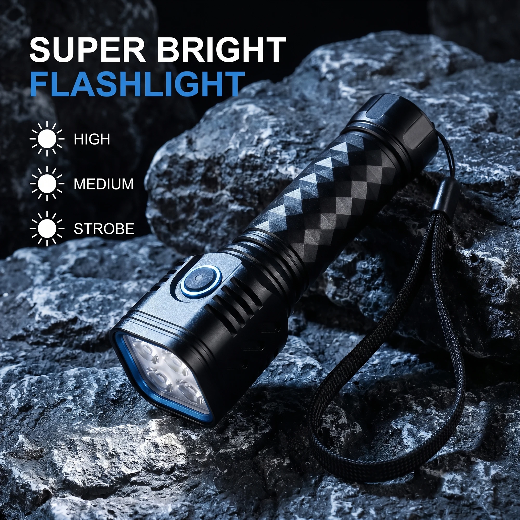 USB-C Rechargeable 4-LED Tactical Flashlight, 3 Light Modes High/Medium/Strobe, Diamond Anti-Slip Aluminum Handheld Torch