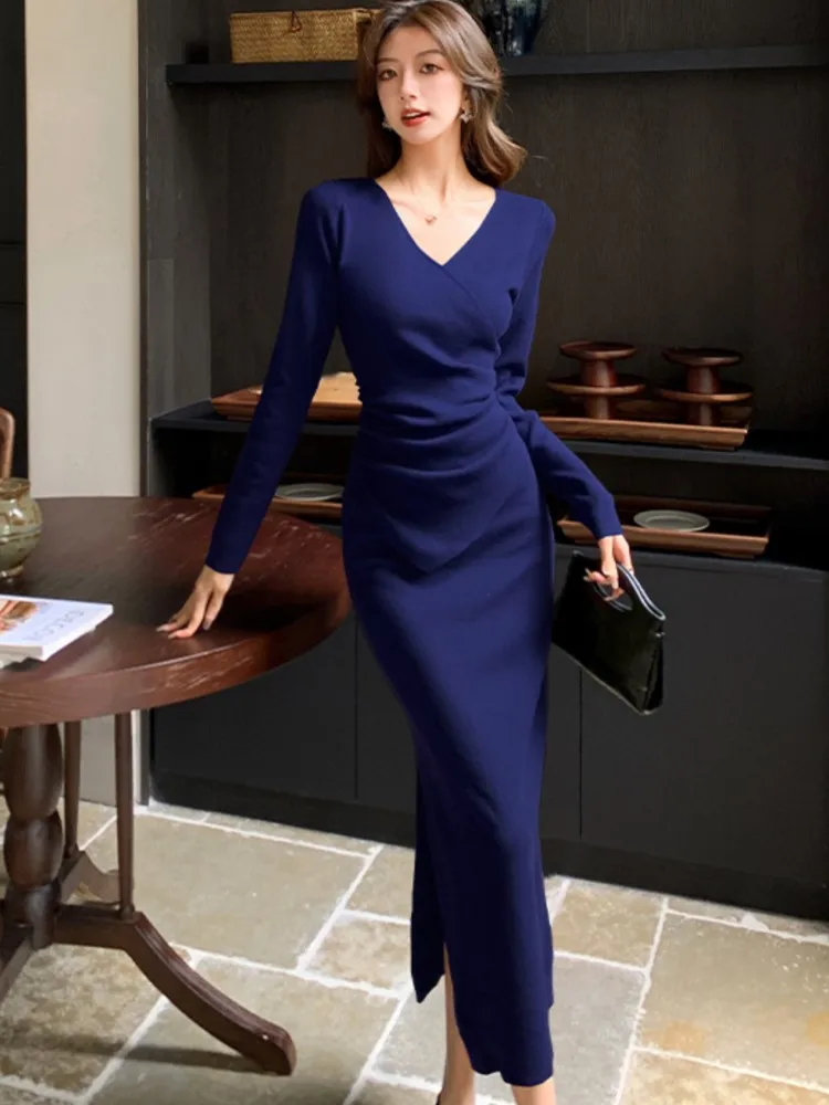 Elegant Solid Knitted Dress for Women Autumn V-Neck Long Sleeve Bodycon Evening Party Dresses Female Slim Waist Vestidos Mujer